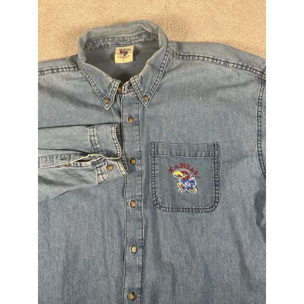 Kansas Jayhawks Shirt Mens L Blue Denim‎ Button Up Embroidered NCAA College